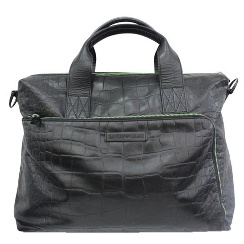 Giorgio Armani Black Croc Embossed Leather Weekender Bag
