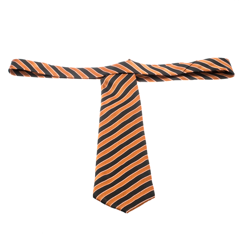Pre-owned Giorgio Armani Vintage Orange And Black Diagonal Striped Silk Jacquard Tie