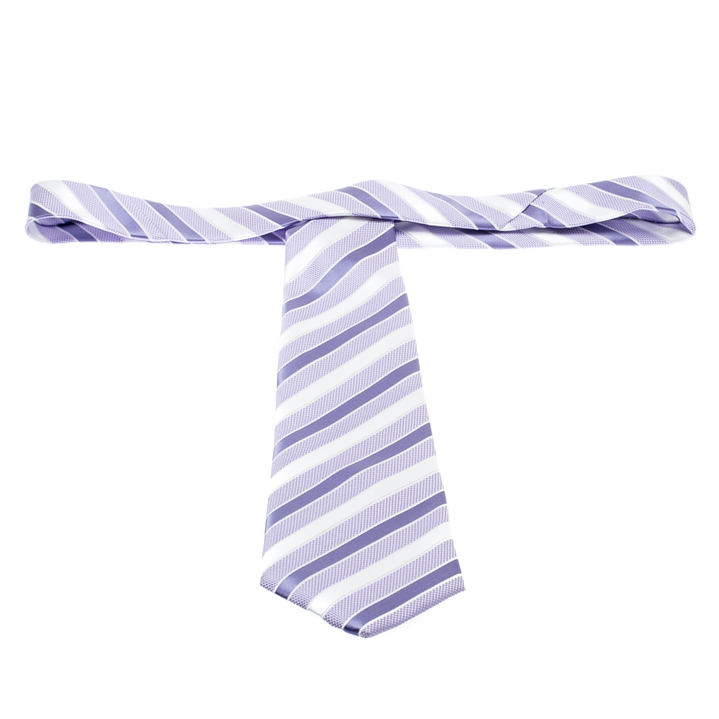Pre-owned Giorgio Armani Vintage Lilac And White Diagonal Striped Silk Jacquard Tie In Purple