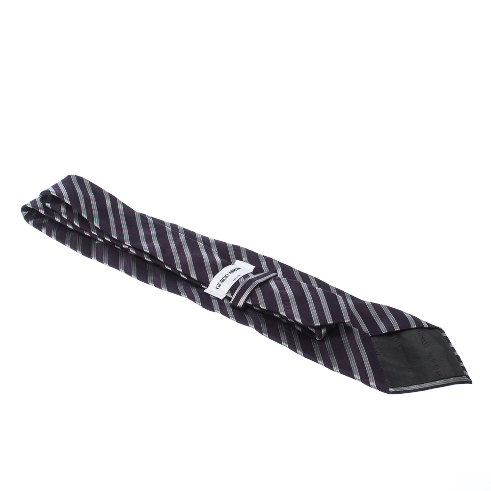 Pre-owned Giorgio Armani Dark Purple Diagonal Stripes Silk Jacquard Traditional Tie