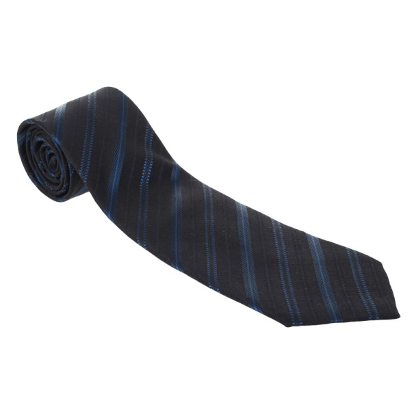 Pre Owned Giorgio Armani Black & Blue Striped Silk Tie