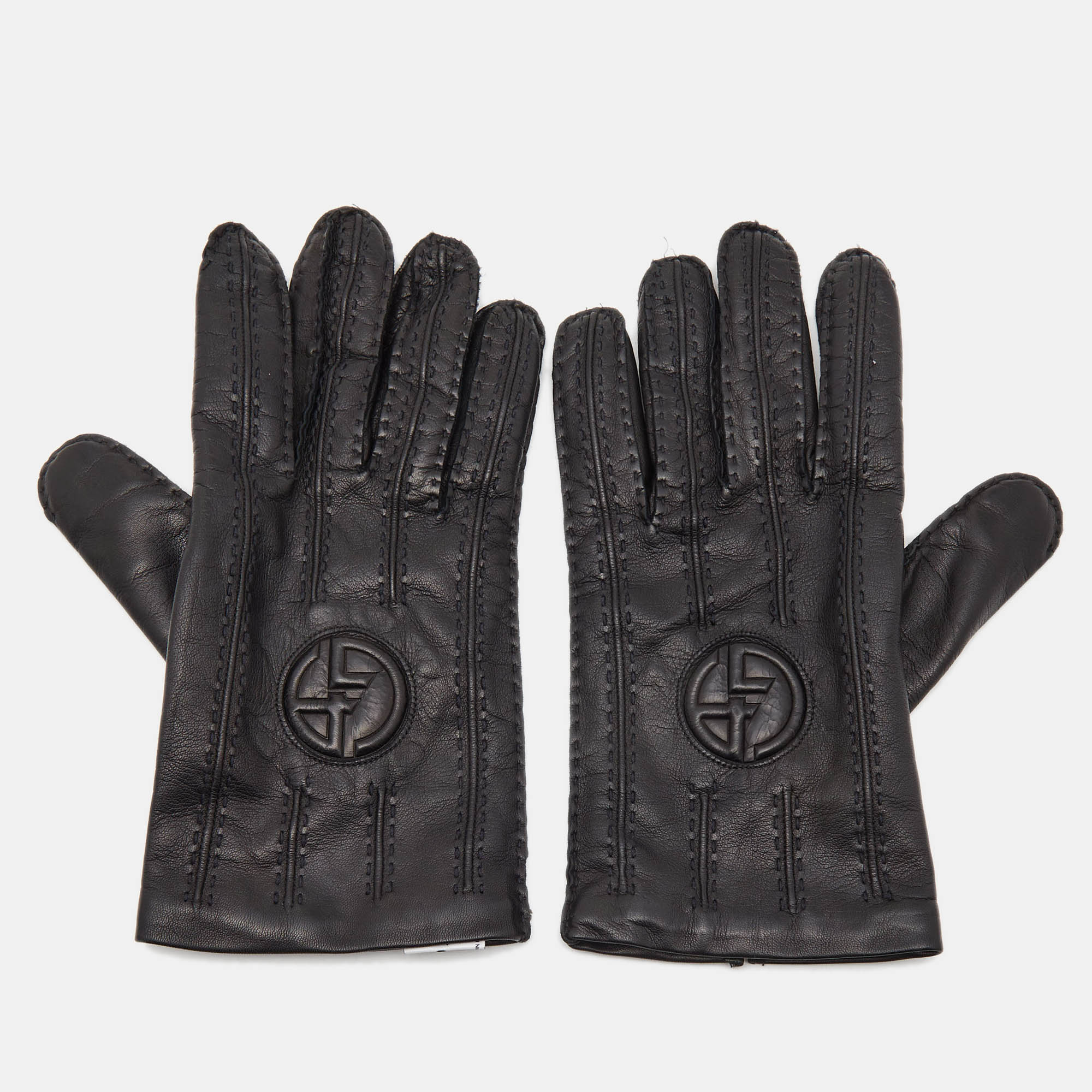 Pre-owned Giorgio Armani Black Leather Stitch Detail Gloves L
