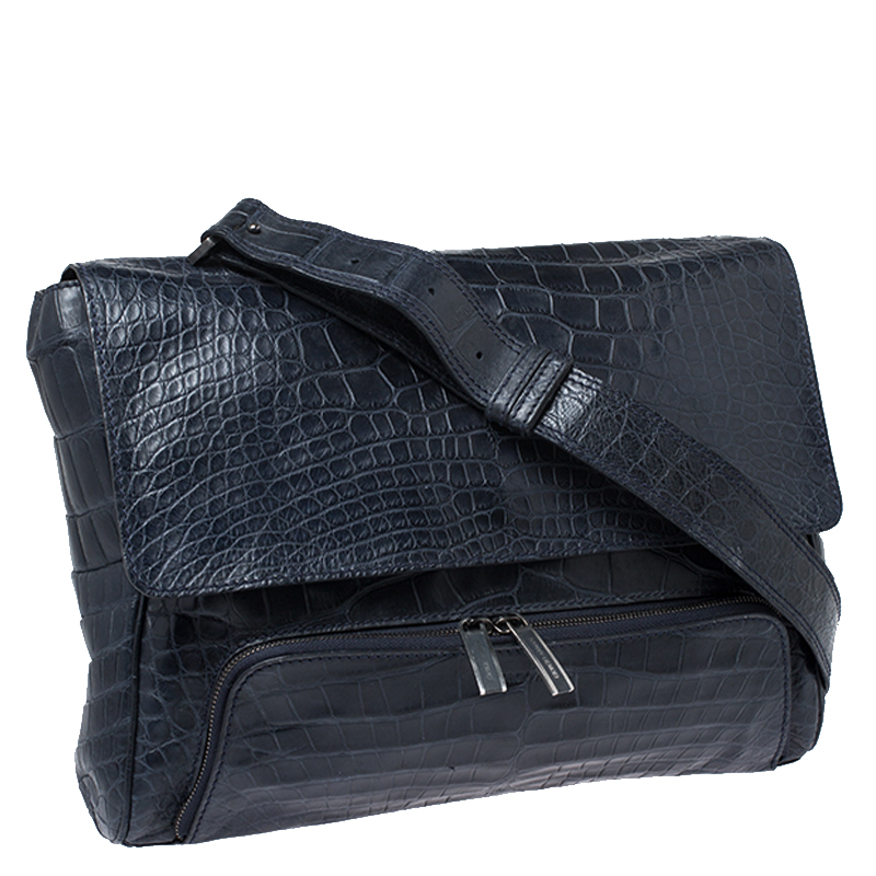 Giorgio Armani Navy Blue Croc Embossed Leather Messenger Bag Giorgio Armani