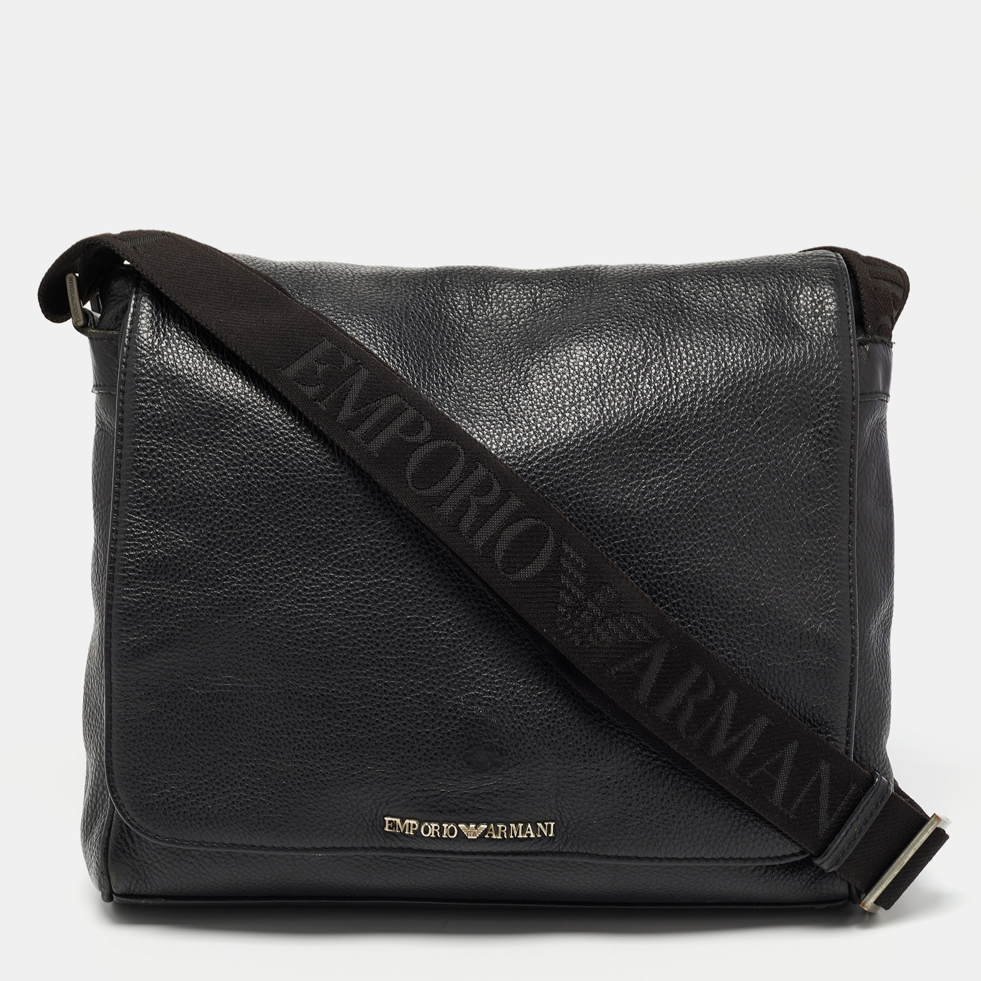 Pre-owned Giorgio Armani Black Leather Logo Flap Messenger Bag