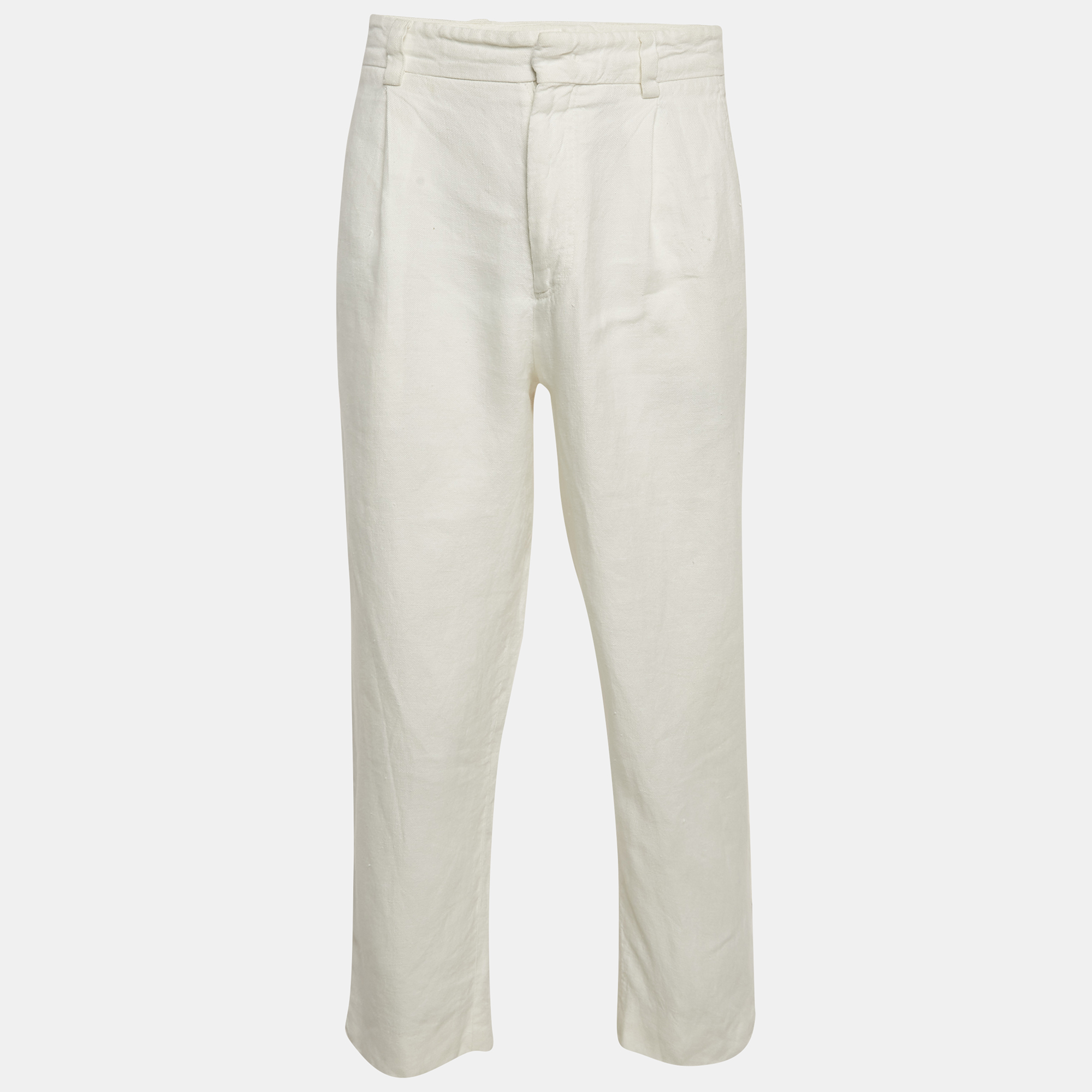 Pre-owned Giorgio Armani White Linen Regular Fit Trousers M