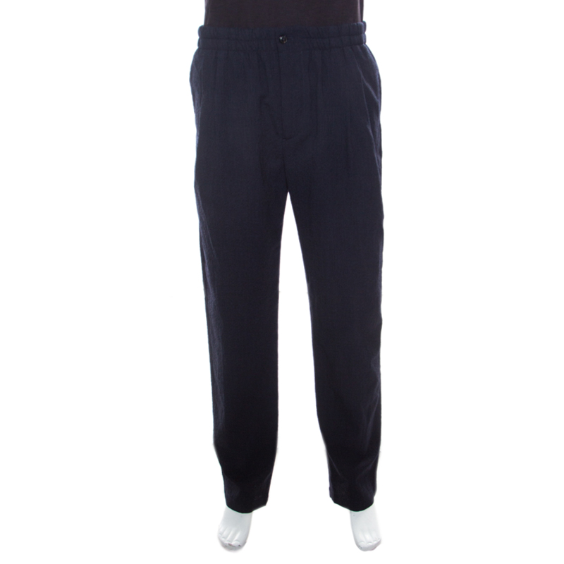 Pre Owned Giorgio Armani Navy Blue Seersucker Wool Elasticized Waist Tapered Trousers XXL