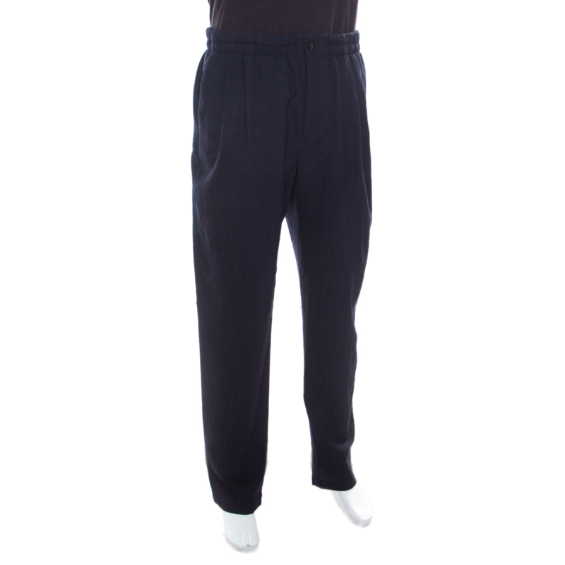 

Giorgio Armani Navy Blue Seersucker Wool Elasticized Waist Tapered Trousers