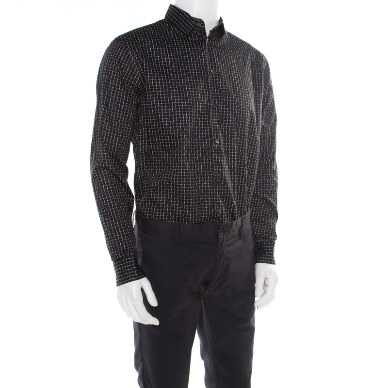 

Giorgio Armani Black Misplaced Square Printed Cotton Button Front Shirt