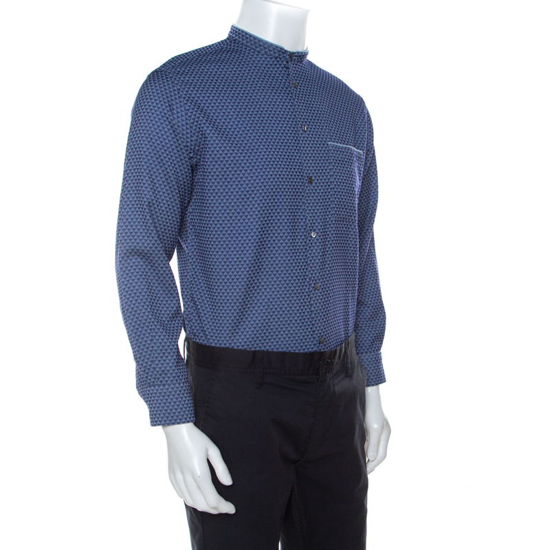 

Giorgio Armani Blue Geometric Pattern Cotton Mandarin Collar Shirt