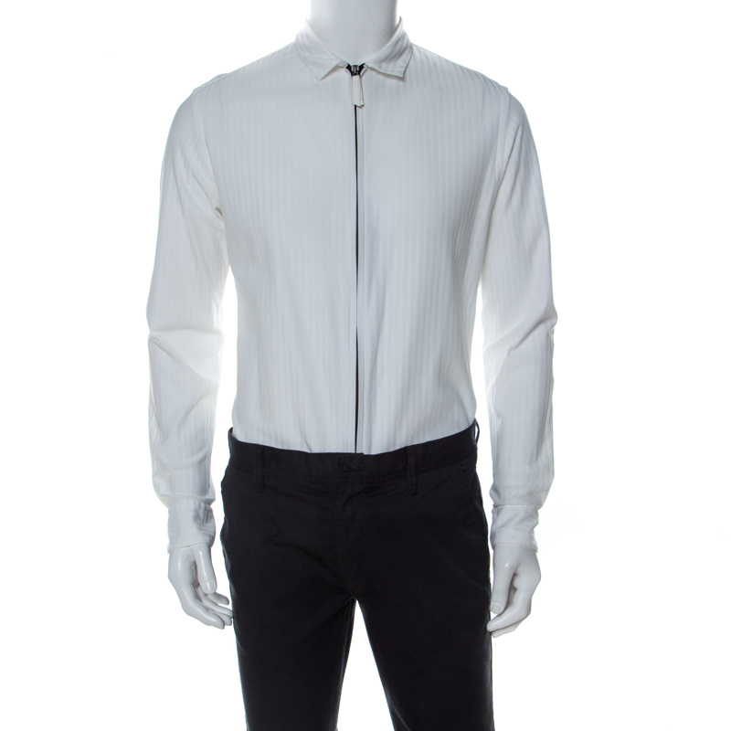 Giorgio Armani White Textured Cotton Zip Front Shirt M 