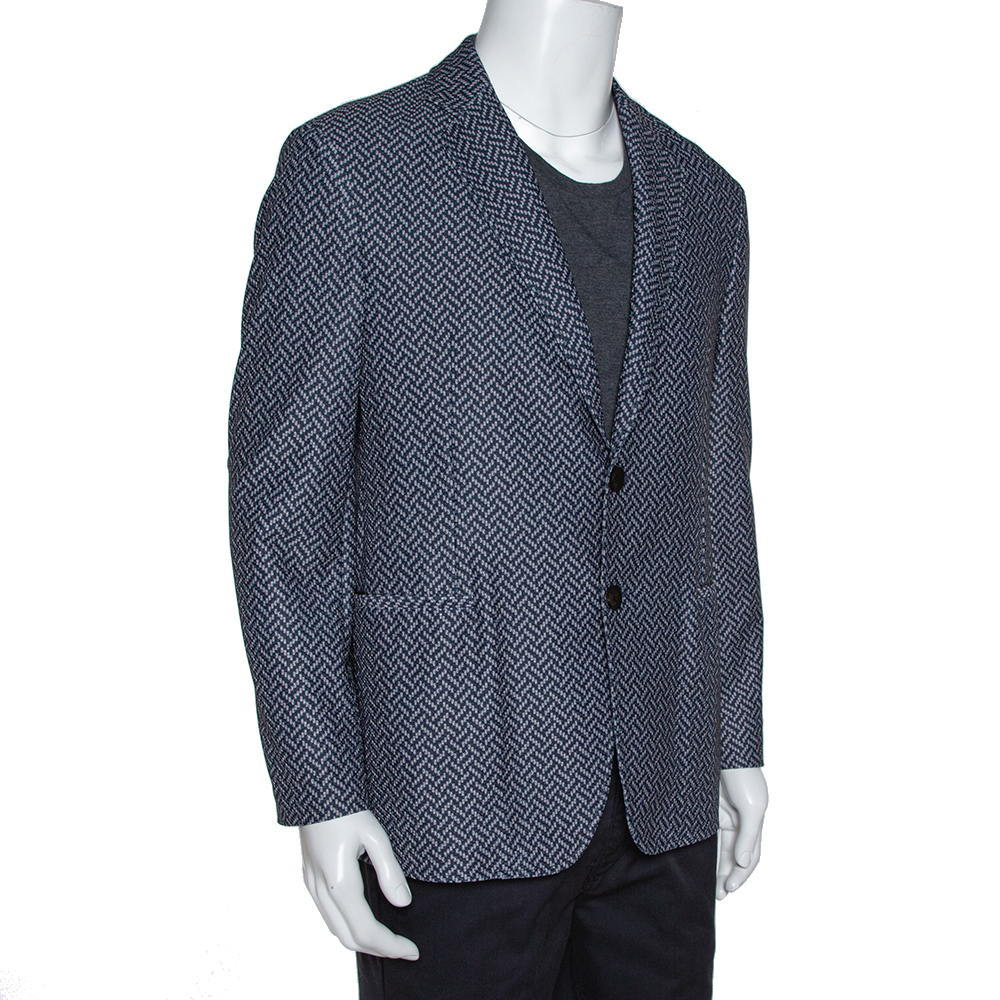 

Giorgio Armani Navy Blue Zig Zag Print Textured Knit Jacket