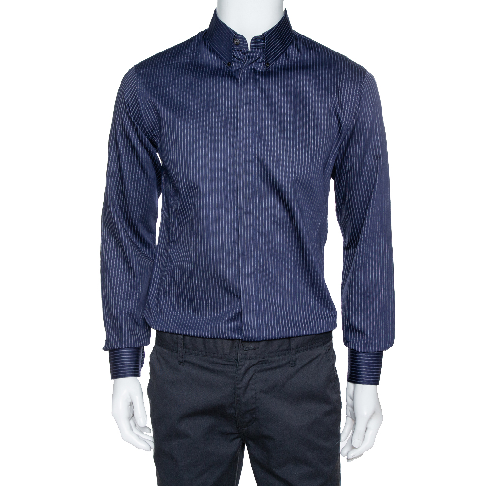 

Giorgio Armani Navy Blue Pinstriped Cotton Long Sleeve Shirt