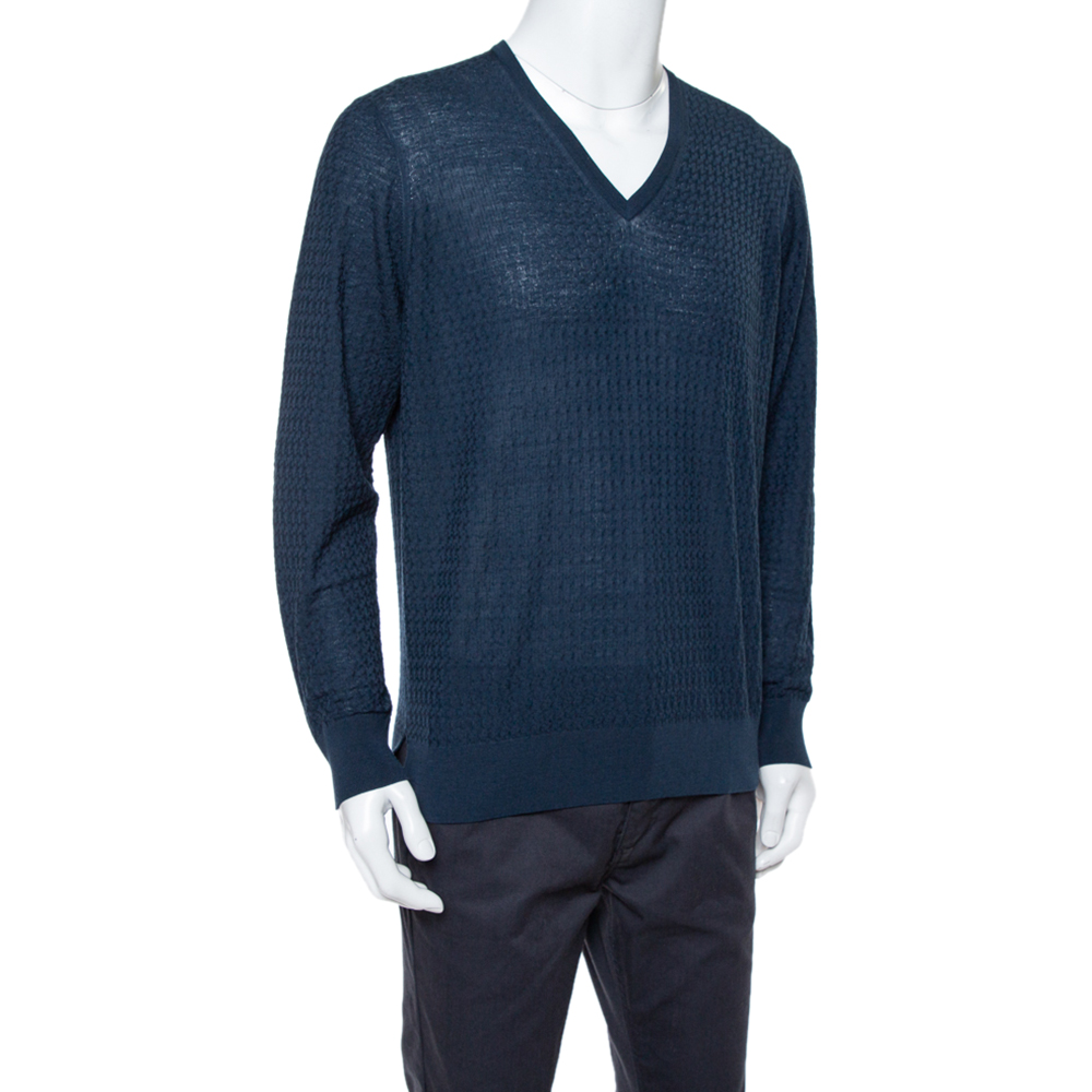 

Giorgio Armani Navy Blue Jaquard Knit V-Neck Sweater