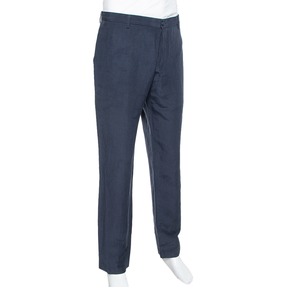 

Giorgio Armani Navy Blue Flax & Silk Classic Trousers