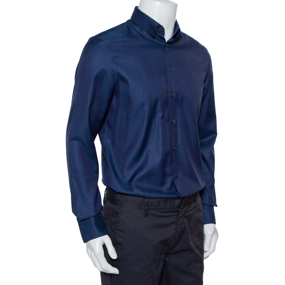 

Giorgio Armani Navy Blue Patterned Silk Button Front Shirt