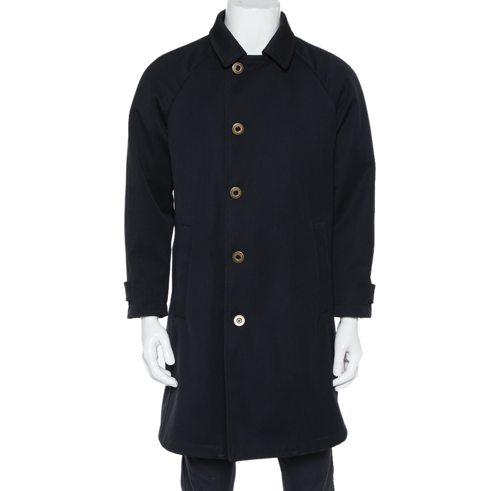 Pre-owned Giorgio Armani Black Wool Water Repellent Button Front Coat S In Navy Blue