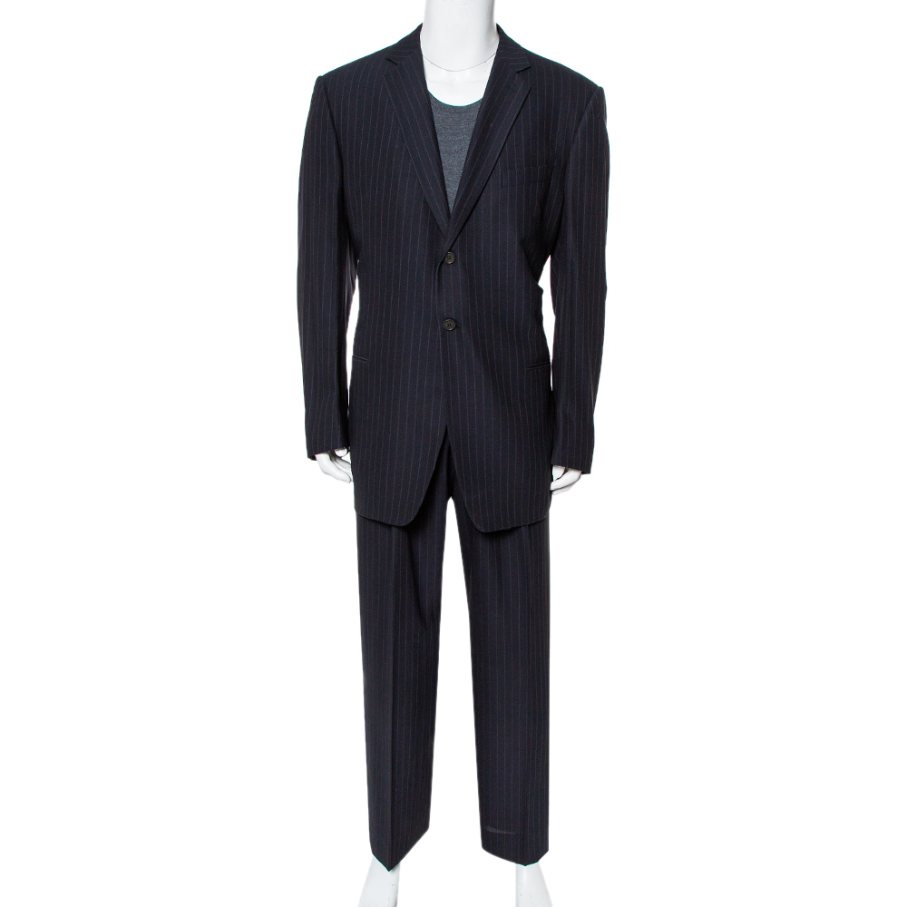 

Giorgio Armani Classico Midnight Blue Pinstriped Wool & Silk Suit 5XL, Navy blue