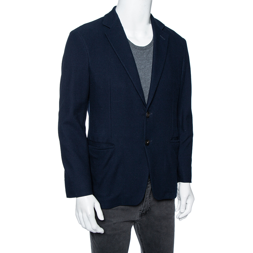 

Giorgio Armani Navy Blue Waffle Knit Single Breasted Blazer