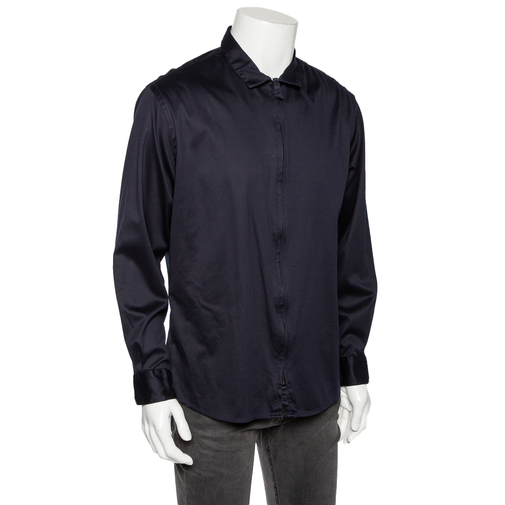 

Giorgio Armani Navy Blue Stretch Cotton Zip Front Shirt