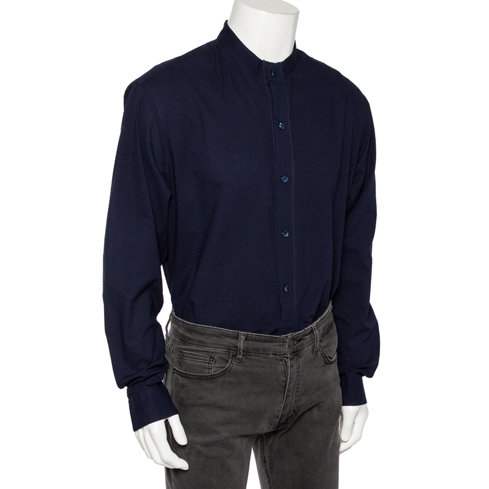 

Giorgio Armani Navy Blue Crinkled Cotton Button Front Shirt