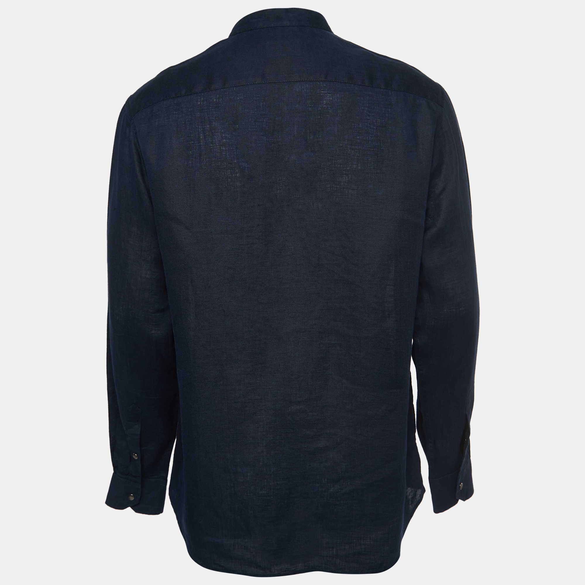 

Giorgio Armani Navy Blue Linen Zip Front Full Sleeve Shirt