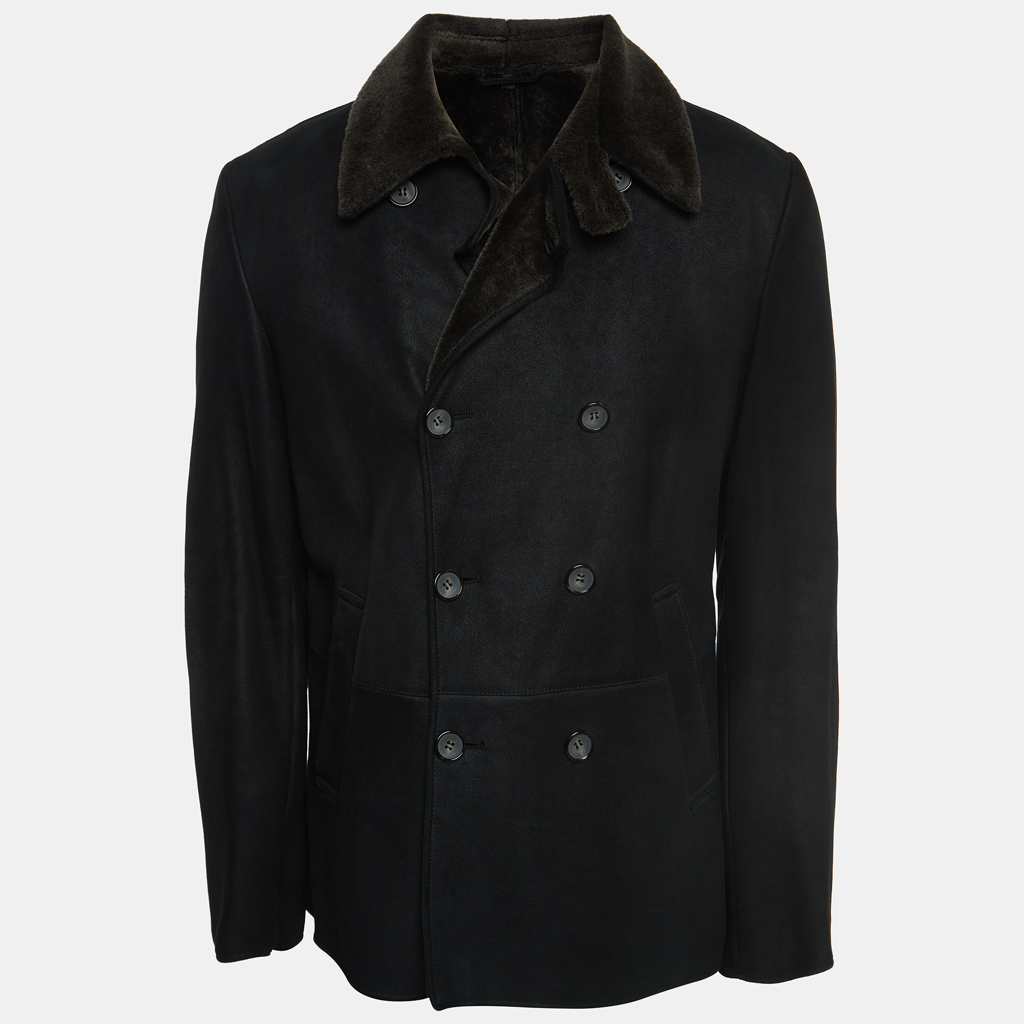 

Giorgio Armani Black Leather Double Breasted Flight Jacket