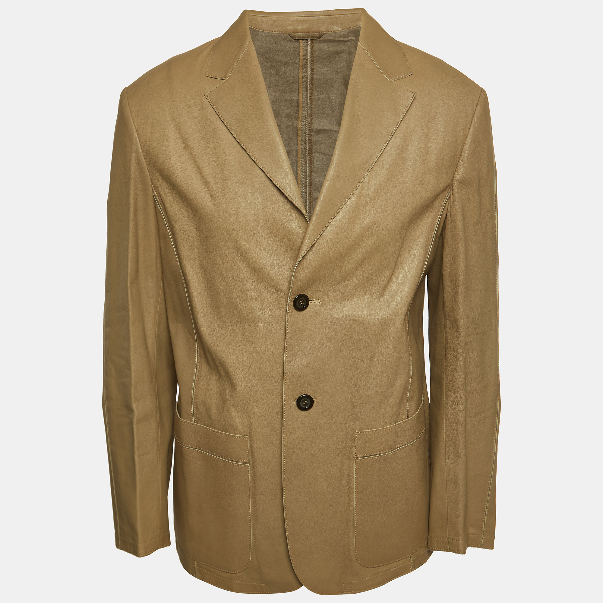 The Giorgio Armani jacket exudes timeless sophistication. Crafted with precision its supple leather showcases a rich light brown hue. The meticulous button detailing adds a touch of refinement making it a versatile and stylish outerwear choice for the discerning fashion enthusiast.
