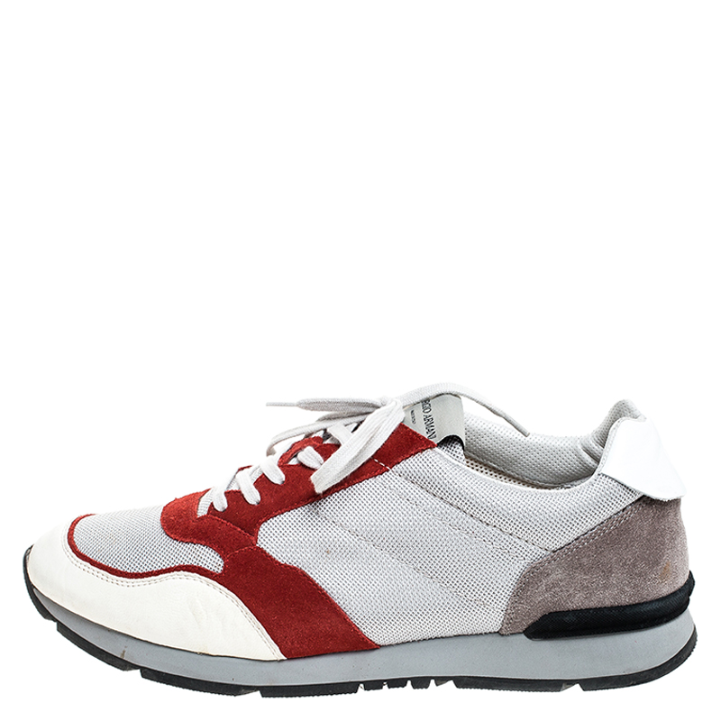 

Giorgio Armani Grey/Red Mesh and Suede Low Top Sneakers Size