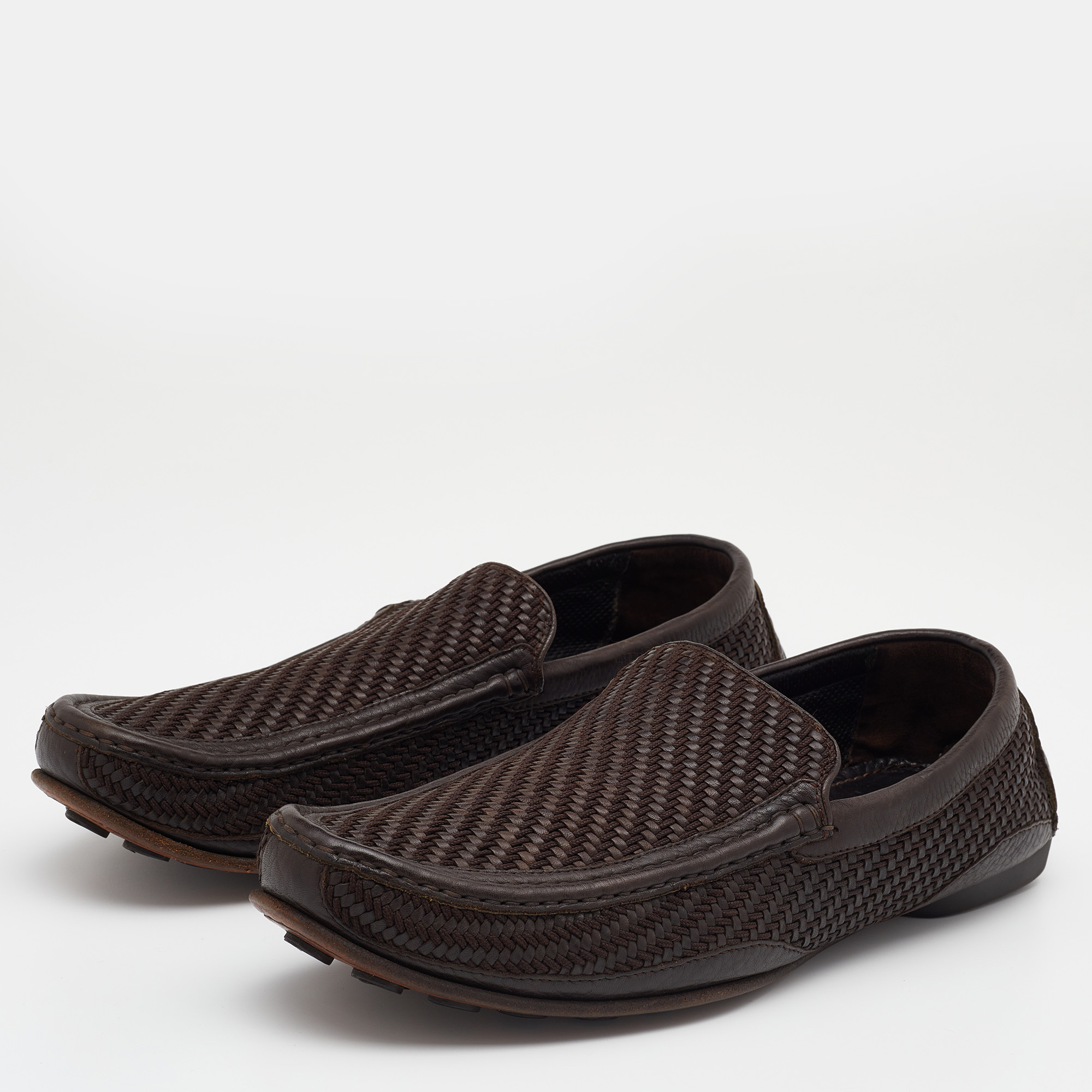

Giorgio Armani Dark Brown Woven Leather Slip On Loafers Size