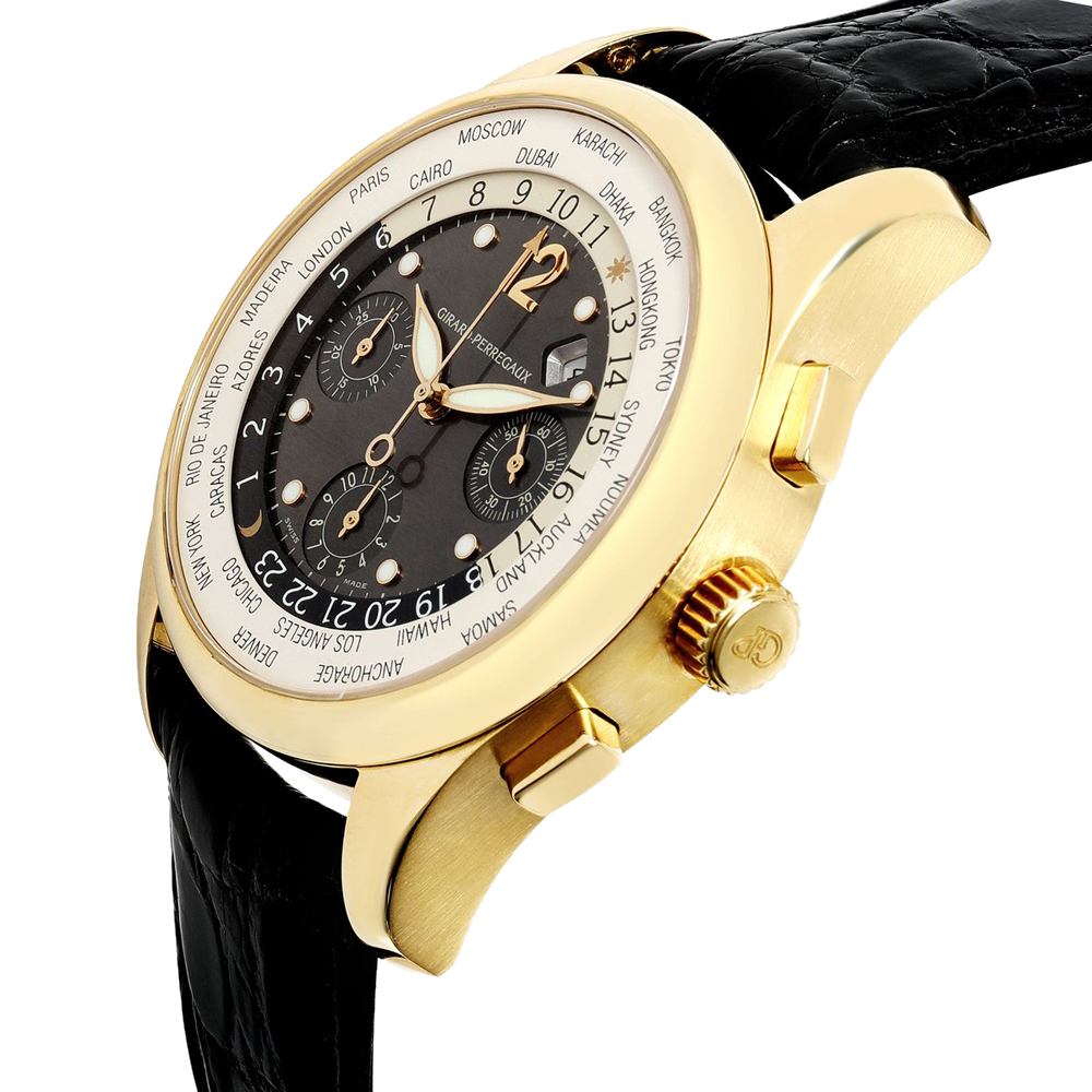 

Girard Black 18K Yellow Gold Perregaux WW.TC Traveller 4980 Men's Wristwatch 43 MM