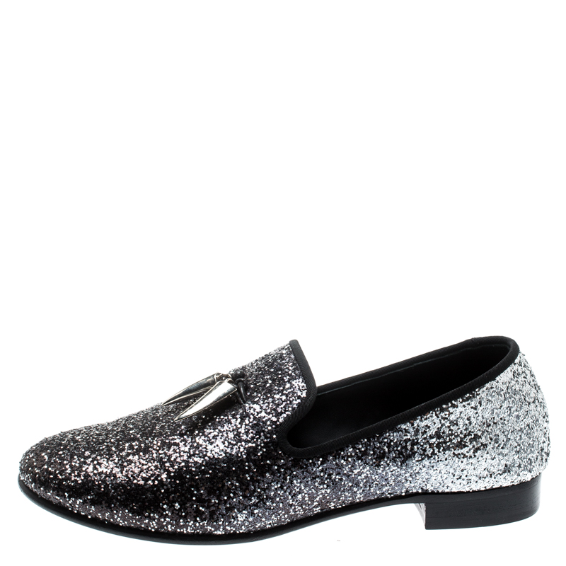 

Giuseppe Zanotti Metallic Black/Silver Coarse Glitter Kevin Shark Tooth Tassel Smoking Slippers Size