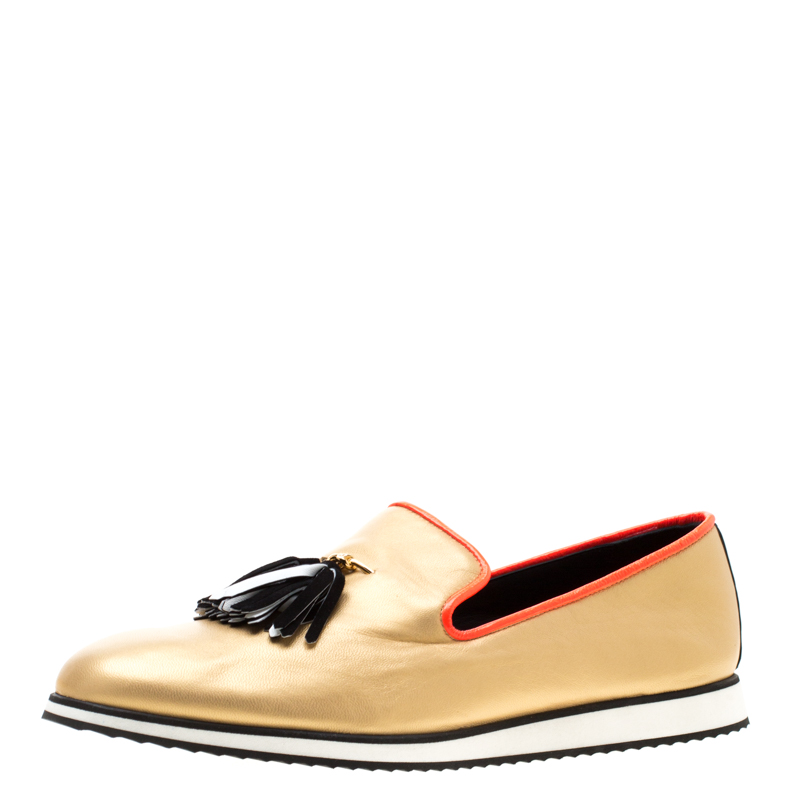 Pre Owned Giuseppe Zanotti Metallic Gold Leather Tassel Detail Smoking Slippers Size 42.5