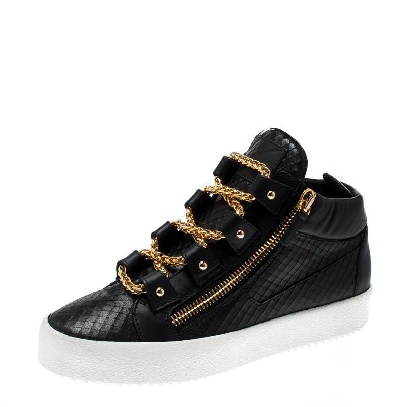 Giuseppe Zanotti Black Leather London Birel Chain Embellished High Top Sneakers Size 43.5