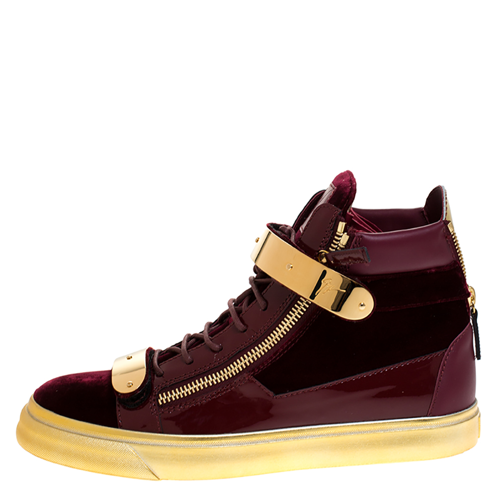 

Giuseppe Zanotti Burgundy/Gold Velvet and Patent Leather Coby High Top Sneakers Size