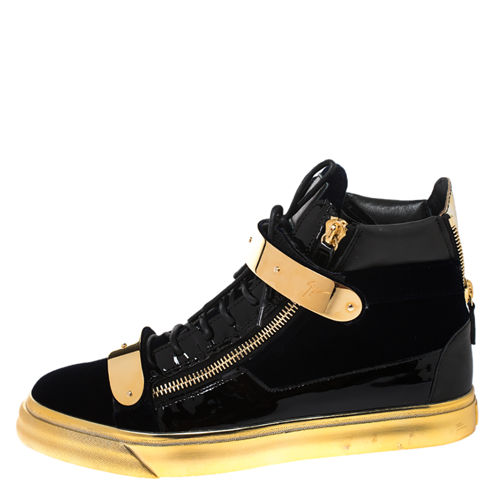 

Giuseppe Zanotti Black/Gold Velvet and Leather Coby High Top Sneakers Size