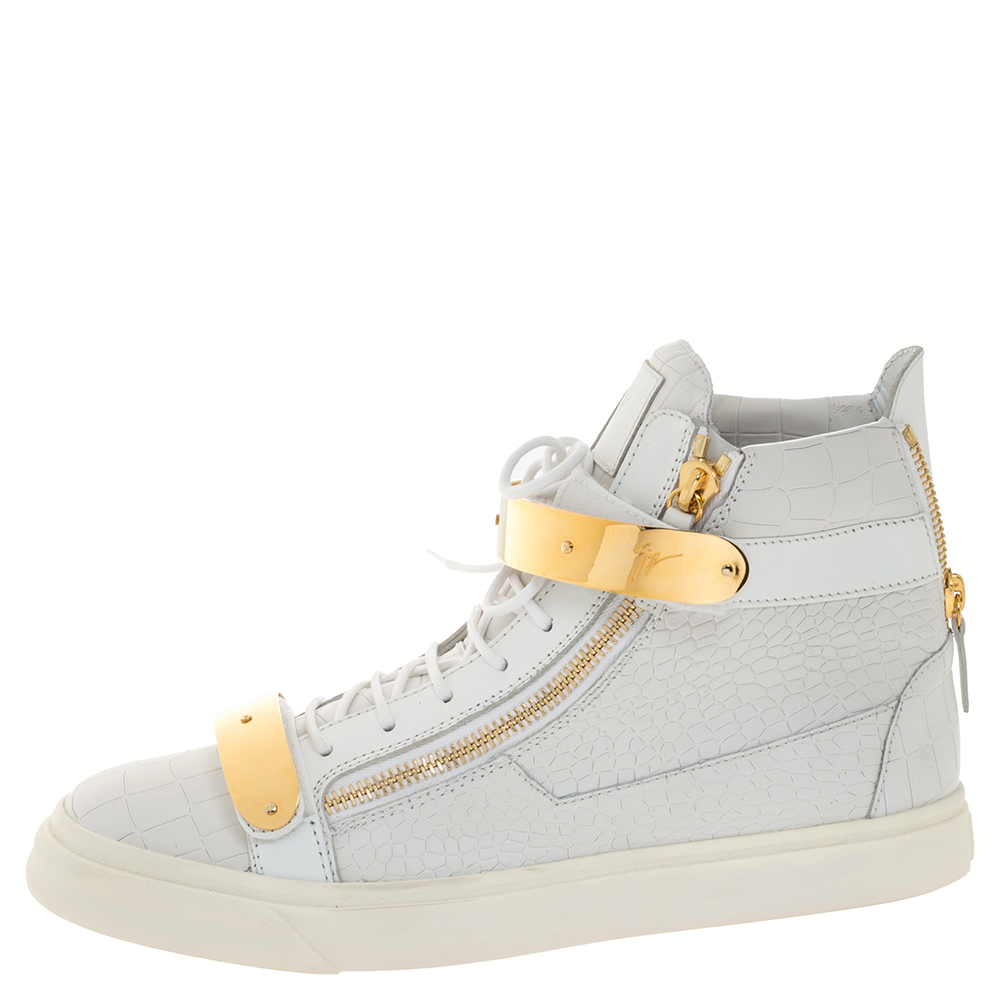 

Giuseppe Zanotti White Croc Embossed Leather Coby High Top Sneakers Size