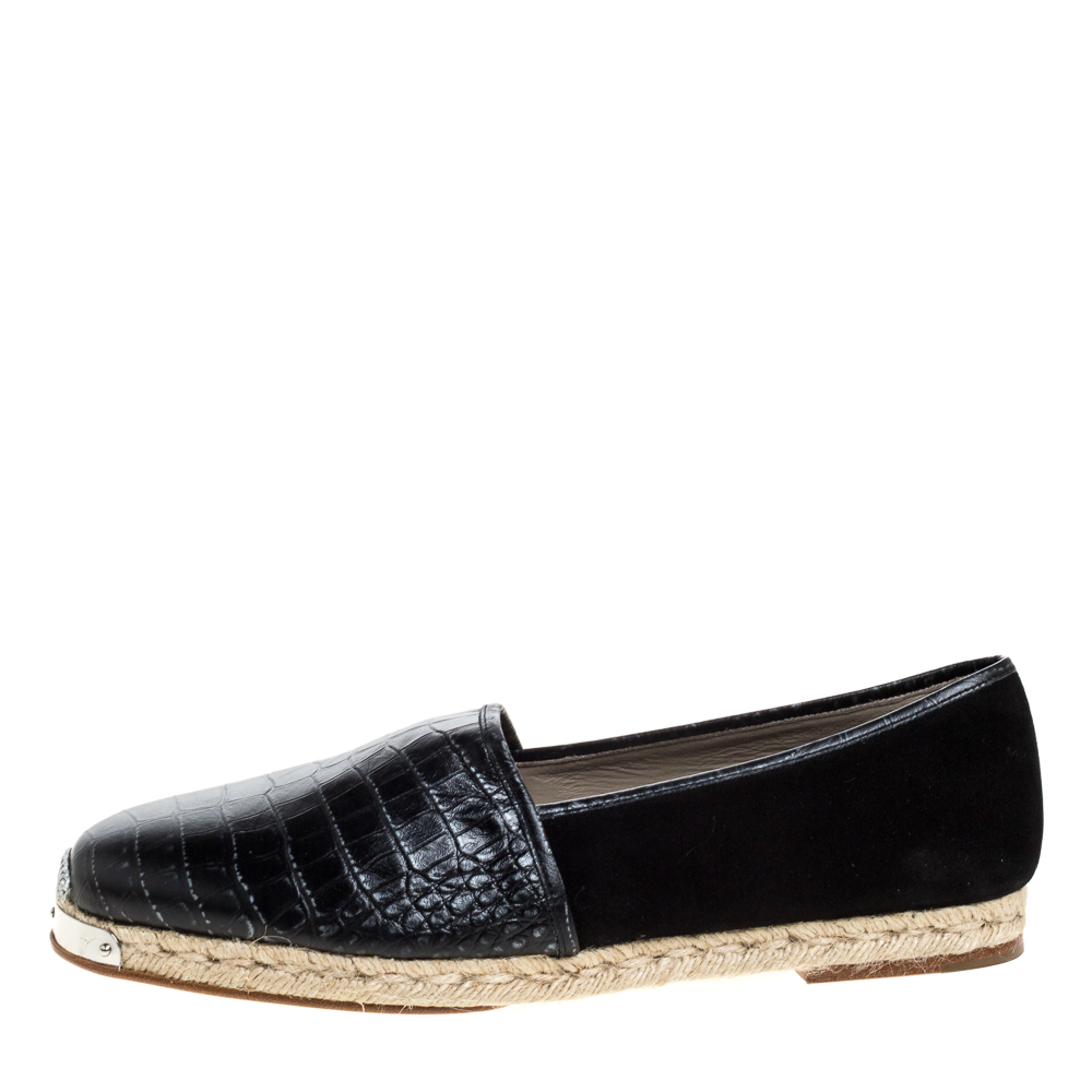 

Giuseppe Zanotti Black Croc Embossed Leather and Suede Espadrille Flats Size