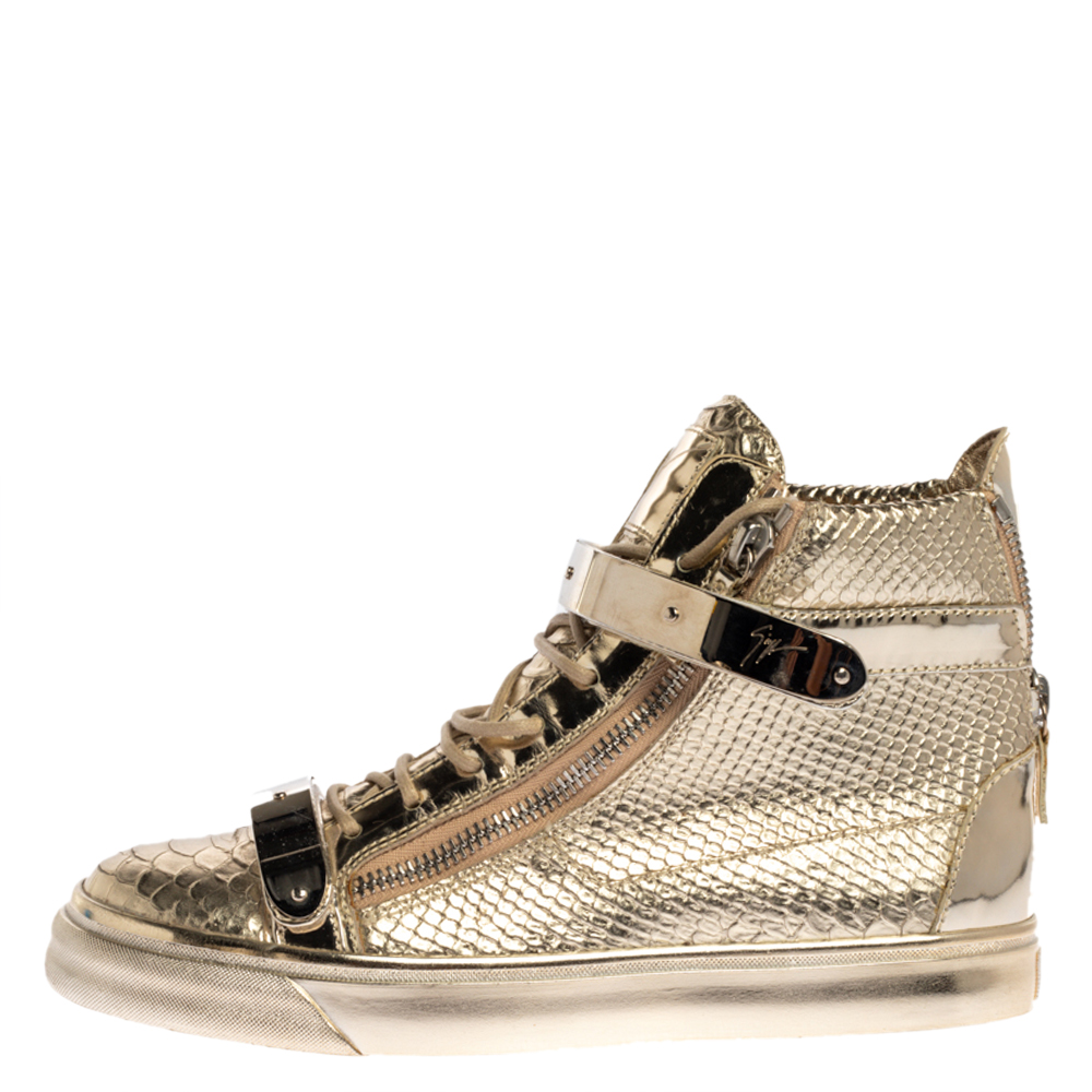 

Giuseppe Zanotti Metallic Gold Python Embossed Leather Coby High Top Sneakers Size