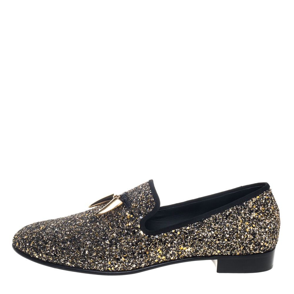 

Giuseppe Zanotti Black/Gold Coarse Glitter Tassel Smoking Slipper Loafers Size