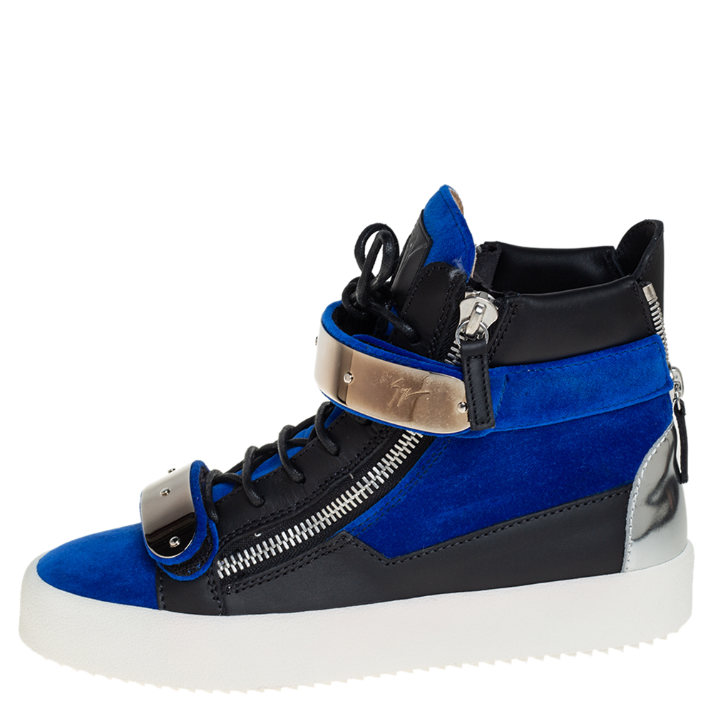 

Giuseppe Zanotti Blue/Black Velvet And Leather Coby High Top Sneakers Size