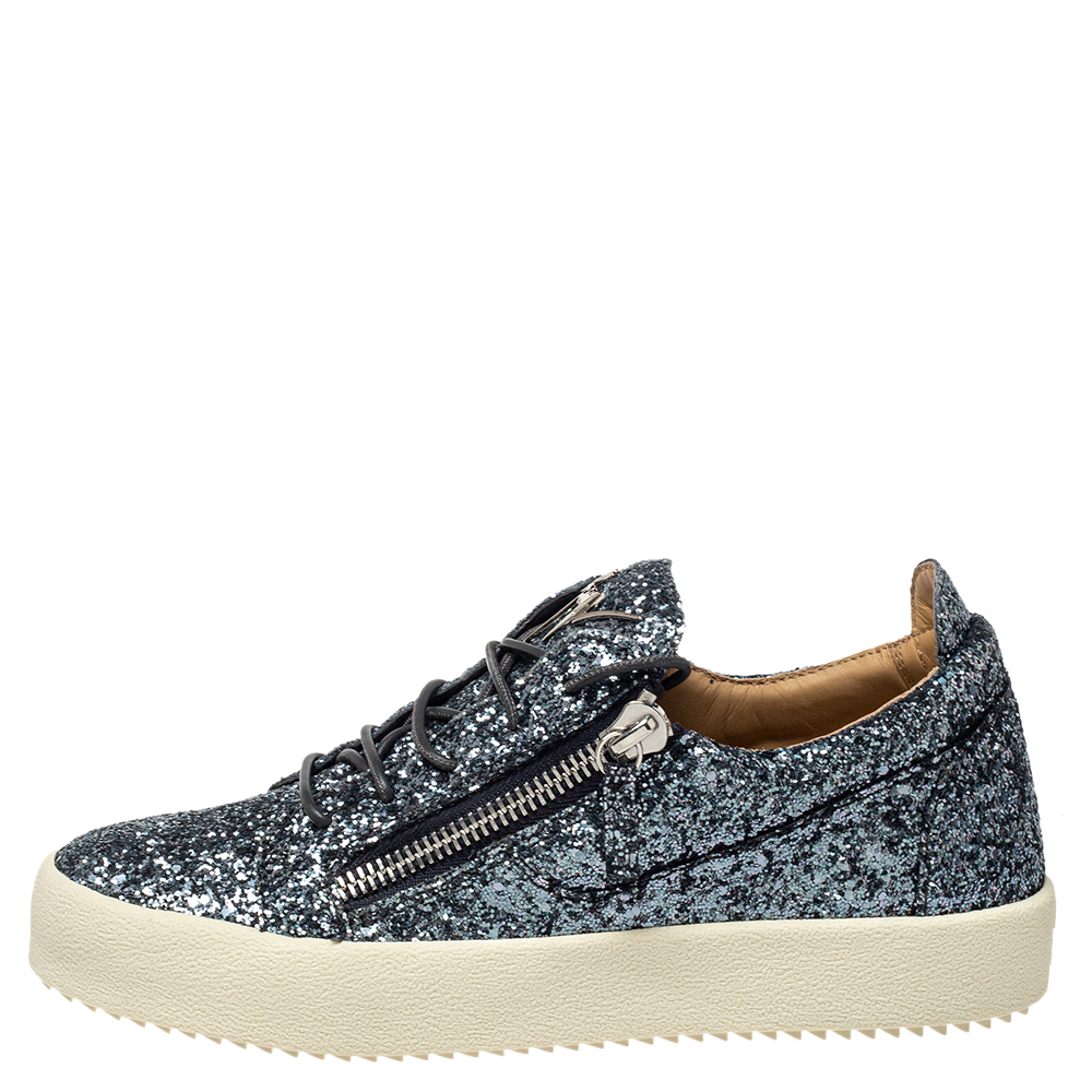 

Giuseppe Zanotti Grey/Silver Glitter Low Top Sneakers Size