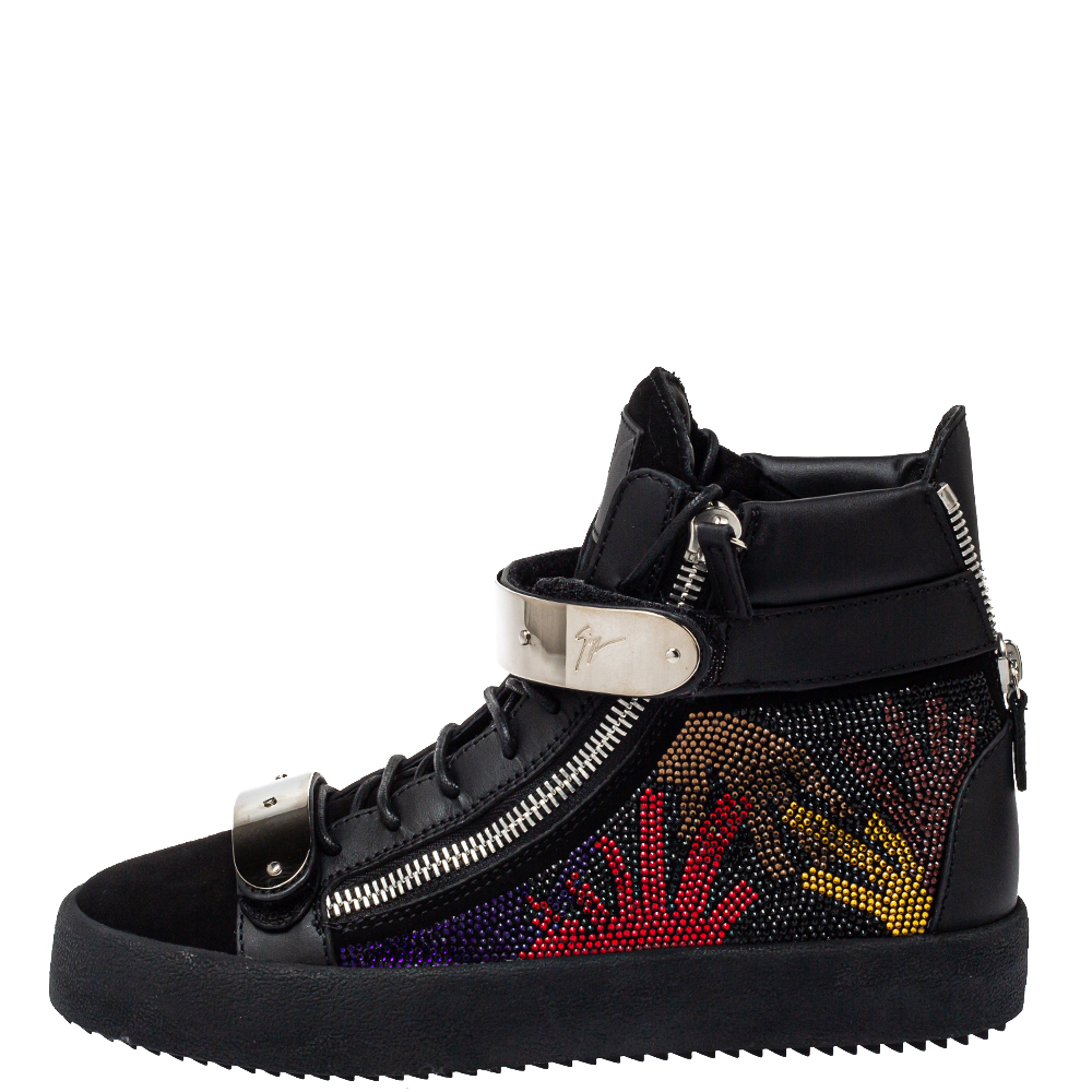 

Giuseppe Zanotti Black Suede And Leather Coby Crystal Embellished High Top Sneakers Size