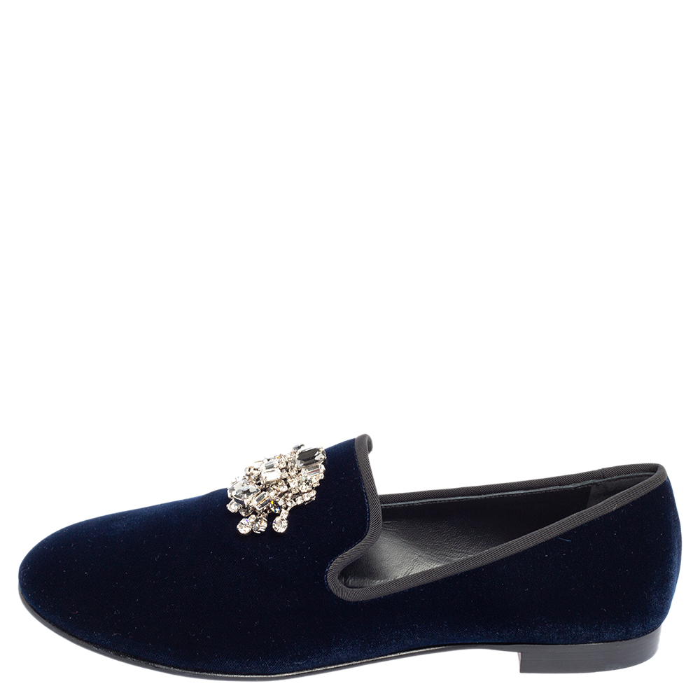 

Giuseppe Zanotti Midnight Blue Velvet Kevin Smoking Slippers Size