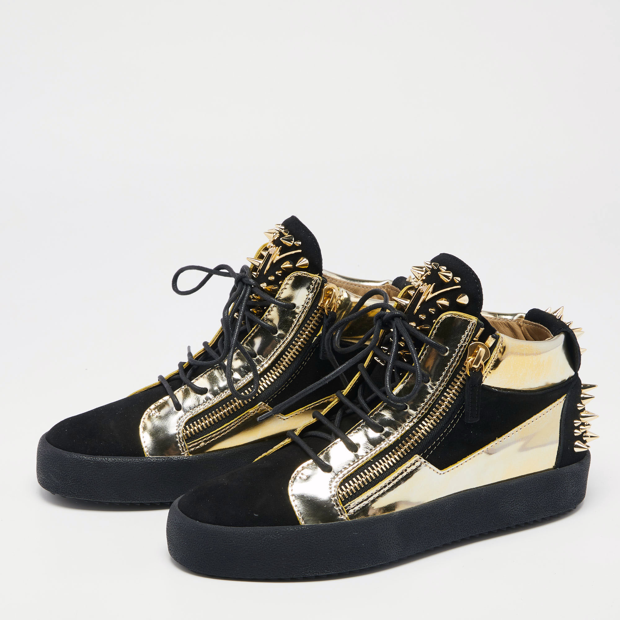 

Giuseppe Zanotti Black/Gold Suede and Leather Studded Jimbo Mid Top Sneakers Size