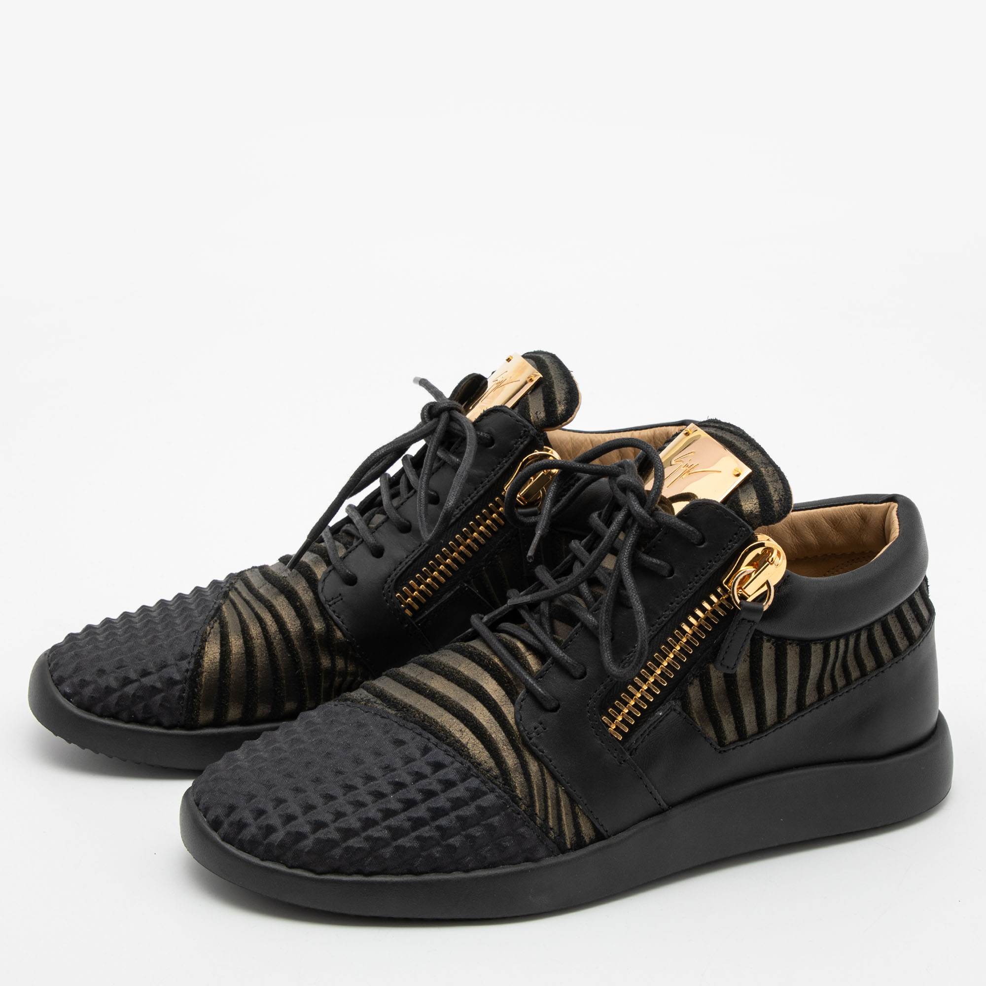 

Giuseppe Zanotti Black/Bronze Fabric and Leather High Top Sneakers Size