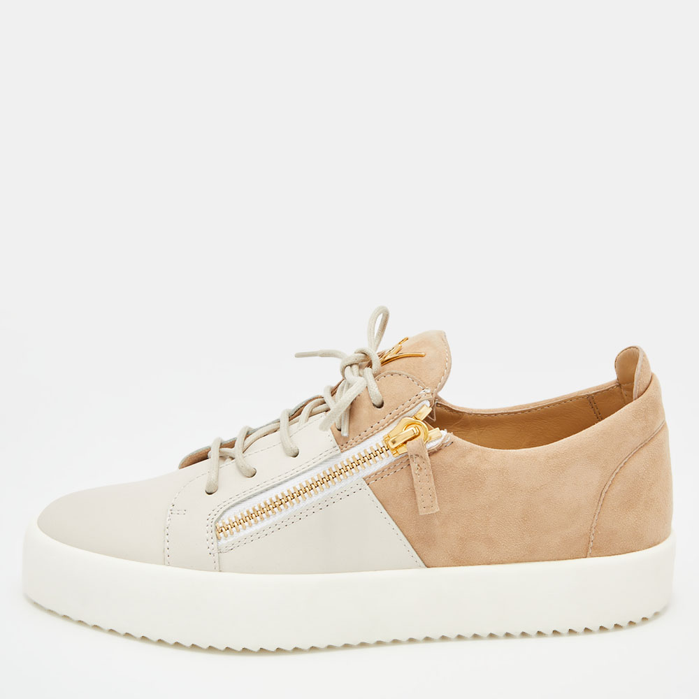 Pre Owned Giuseppe Zanotti Light Brown/Grey Suede and Leather Low Top Sneakers Size 43