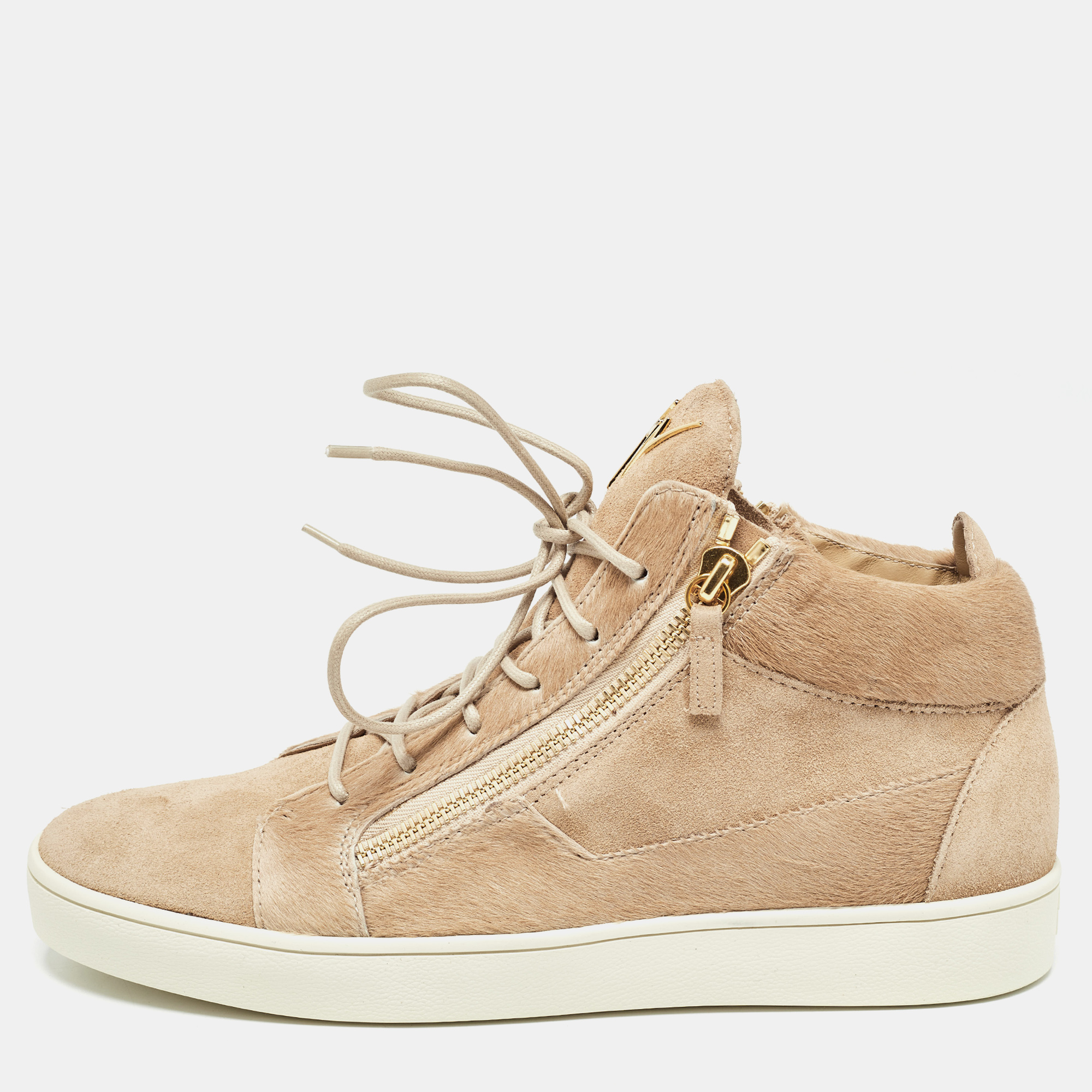 

Giuseppe Zanotti Beige Suede and Calf Hair Double Zip High Top Sneakers Size, Brown