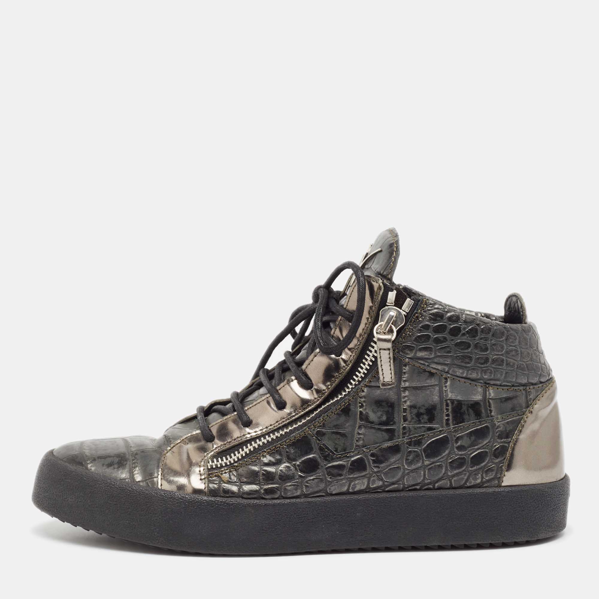 Pre-owned Giuseppe Zanotti Metallic Croc Embossed Leather High Top Sneakers Size 45