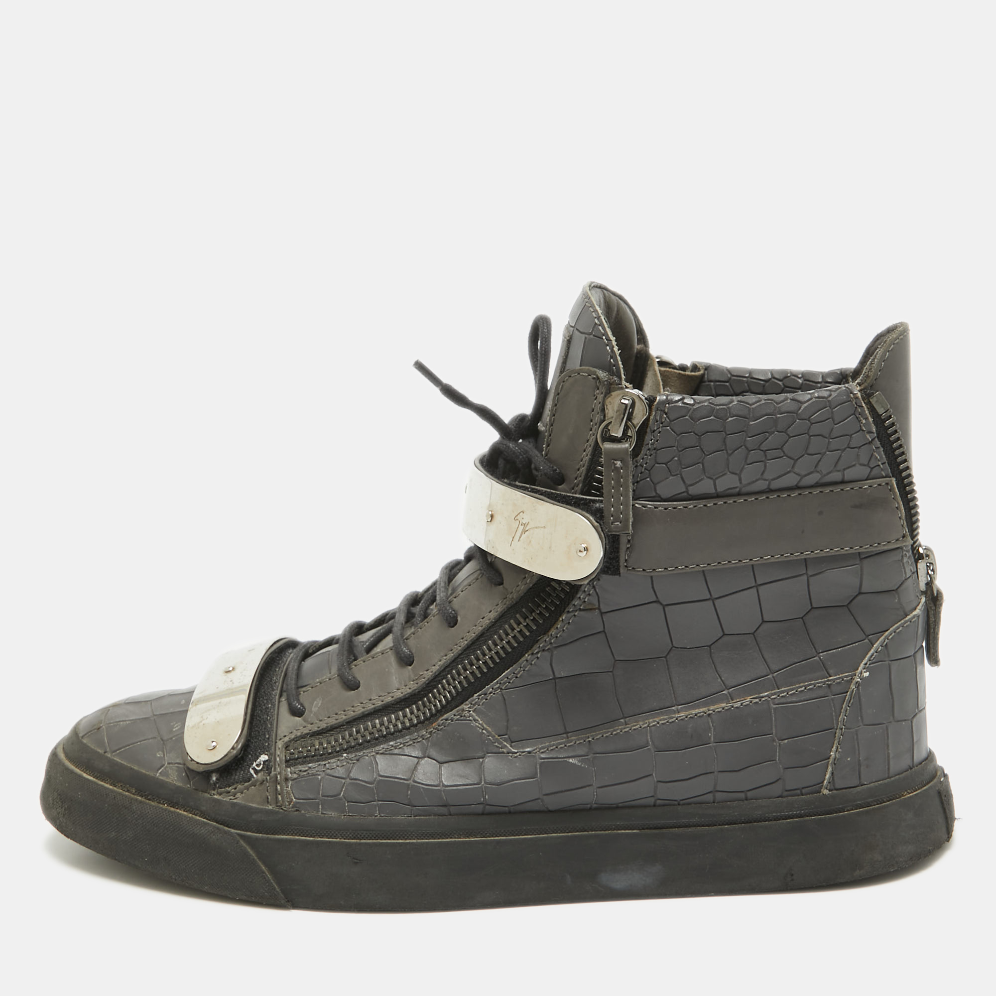 

Giuseppe Zanotti Grey Croc Embossed Leather High Top Sneakers Size