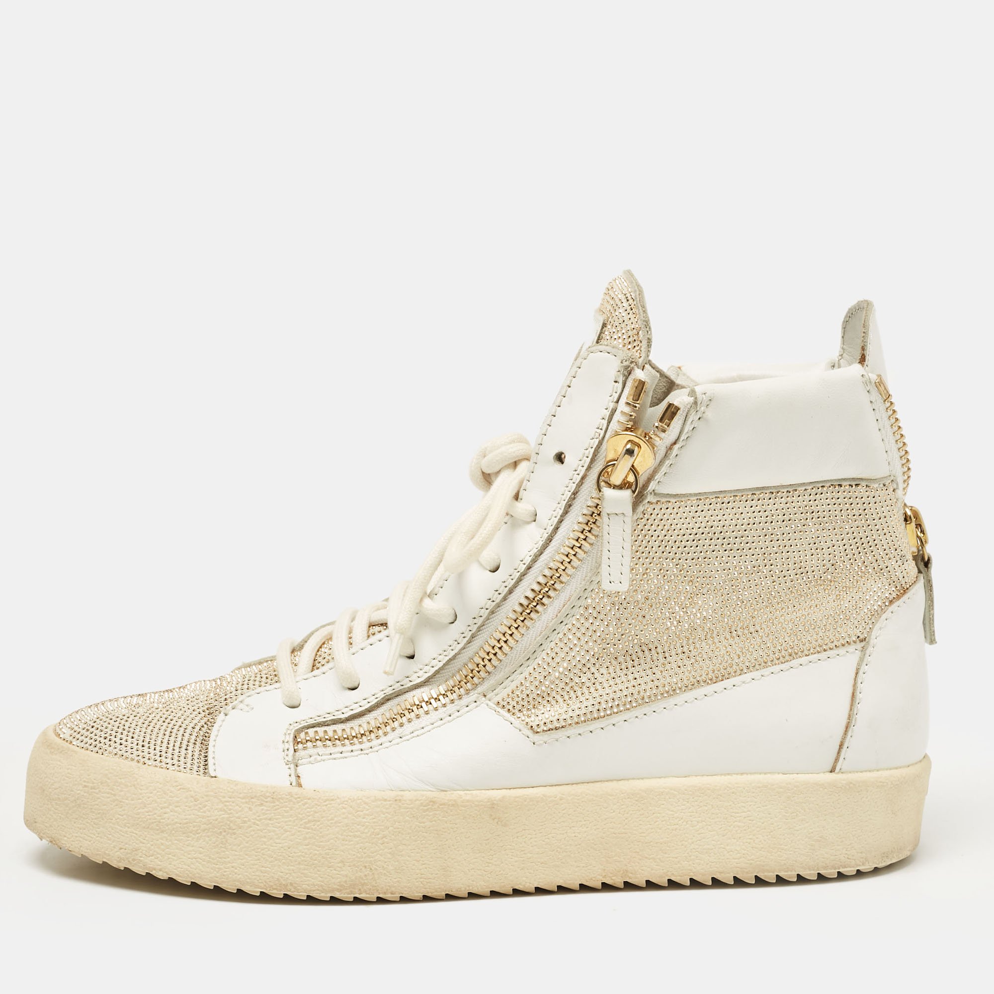 

Giuseppe Zanotti White/Gold Leather High Top Sneakers Size